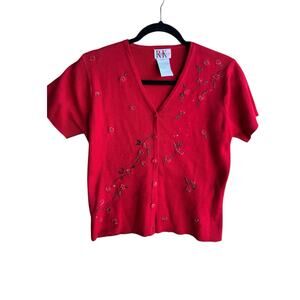 Vintage 90’s R&K Red Floral Cottage Embroidered Crochet Crop Blouse Women’s 10P